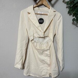 MABLE Cut To Business cream long sleeve wrap front mini dress cutout collar Sm